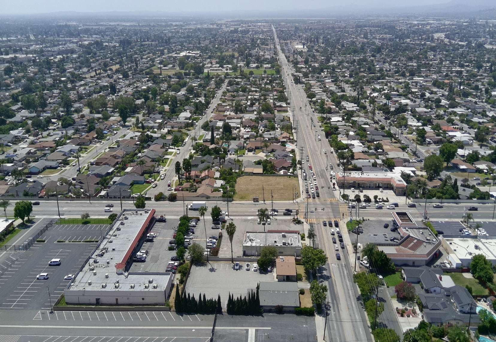 Aerial — 914 E Gladstone St professional complex and eastern San Gabriel Valley corridor